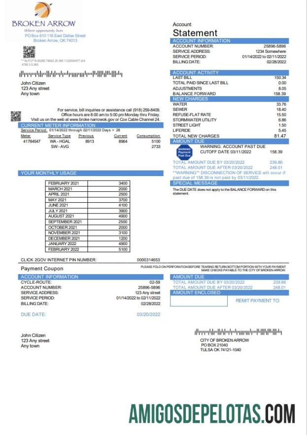 realista Modelo de conta de serviços públicos de Oklahoma City of Broken Arrow nos EUA em formato Word e PDF